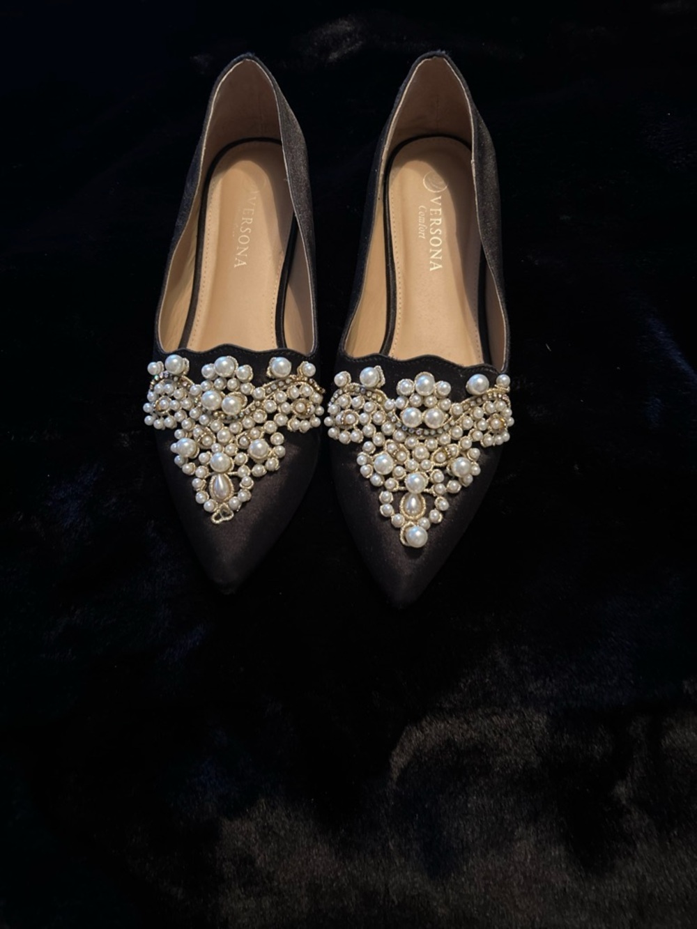 Versona Black Satin Pointed Flats with Pearl Cluster